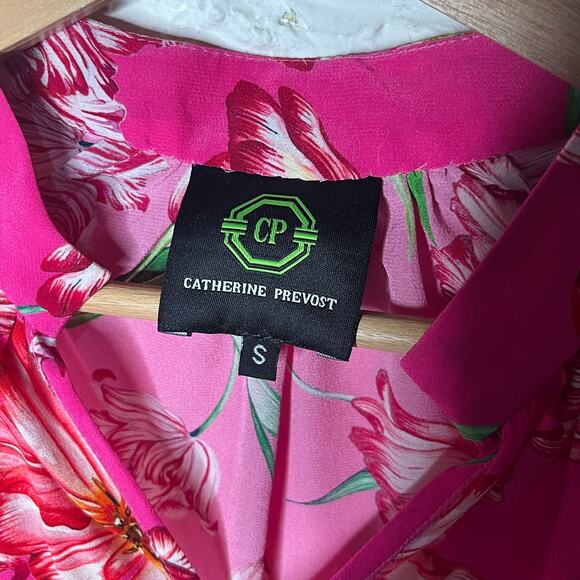Catherine Prevost Women's Pink Floral Silk Ruffle Bell Sleeve Blouse Size Small - Picture 2 of 7